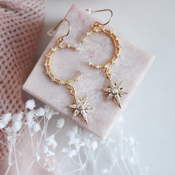 Moon and Star Earrings, Celestial Wedding Earrings, Boho Bridal Earrings, Statement Earring, Bridesmaids Earrings, Birthday Gift for Her