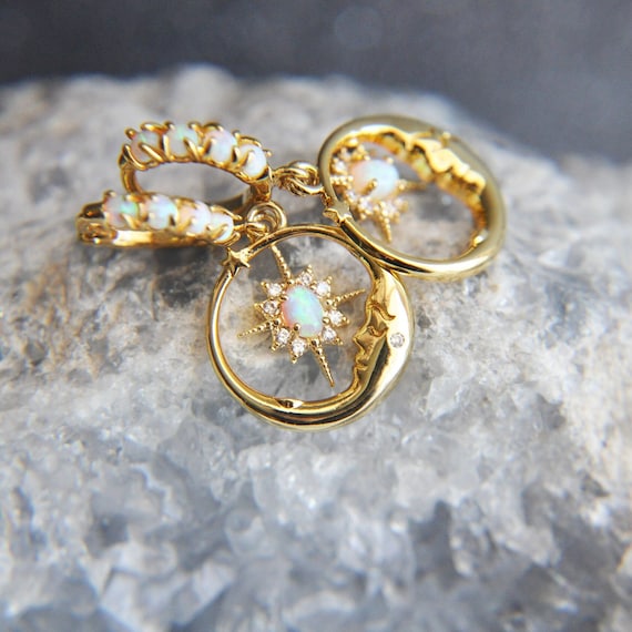 Opal Moon Earrings, Opal Starburst Earrings, Tiny Opal Hoops, Opal Huggie Earrings, Gifts for Her, Celestial Earrings, Man In The Moon, Boho
