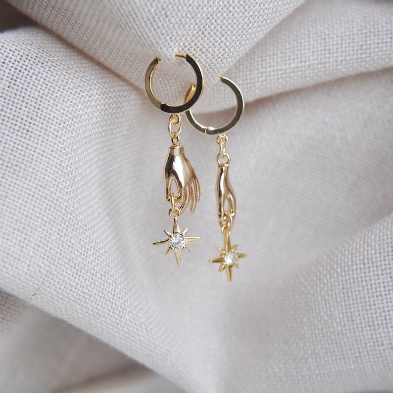 North Star Earrings, Gold Hand Earrings, Celestial Earrings, Hoop Earrings, Huggie Earrings, Birthday Gift, Best Friend Gift,Graduation Gift image 7