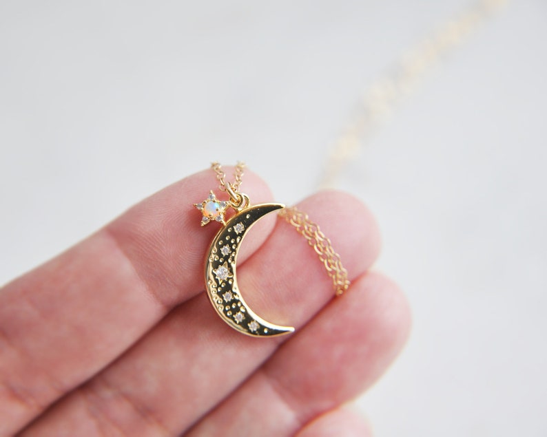 Moon Necklace, Crescent Moon Jewelry, Opal Star Necklace, Opal Moon Necklace, Star Moon Necklace,Celestial Necklace,Girlfriend Gift,For Her image 8