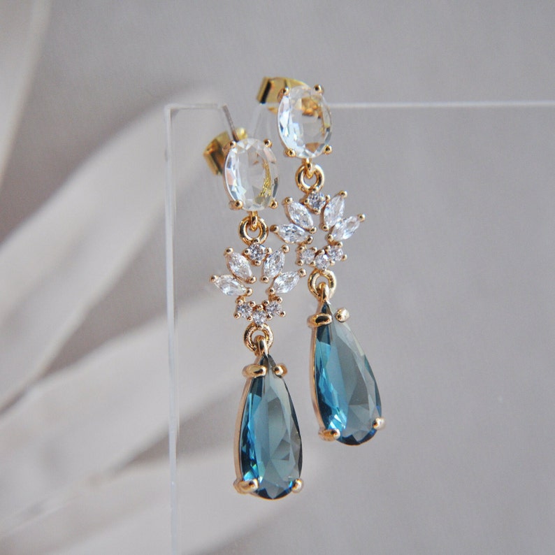 Something Blue Earrings, Boho Bridal Earrings, Woodland Wedding, CZ Leaf Earrings, Bridesmaids Earrings, Blue Teardrops,Blue Wedding Jewelry image 9