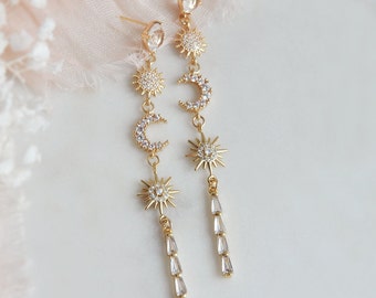 Sun Moon and Star Earrings, Celestial Earrings, Long Dangle Earrings, Celestial Wedding, Geometric Earrings, Birthday Gift, Best Friend Gift