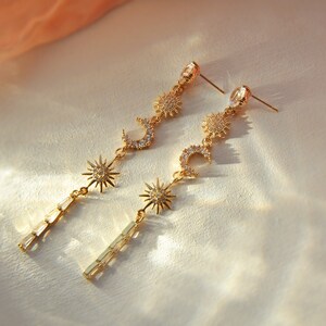 Sun Moon and Star Earrings, Celestial Earrings, Long Dangle Earrings, Celestial Wedding, Geometric Earrings, Birthday Gift, Best Friend Gift image 2