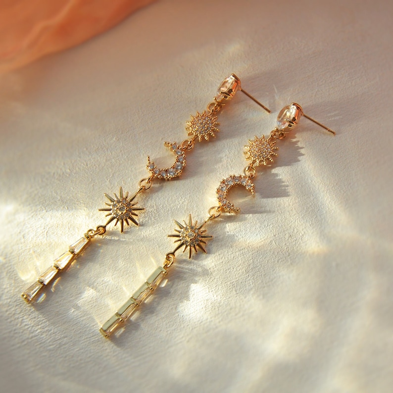 Sun Moon and Star Earrings, Celestial Earrings, Long Dangle Earrings, Celestial Wedding, Geometric Earrings, Birthday Gift, Best Friend Gift image 2