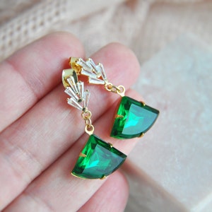 Emerald Green Art Deco Earrings, Fan Earrings, Vintage Bridal Earrings, Bridesmaids Earrings, May Birthstone, Birthday Gift, Montana Blue image 5