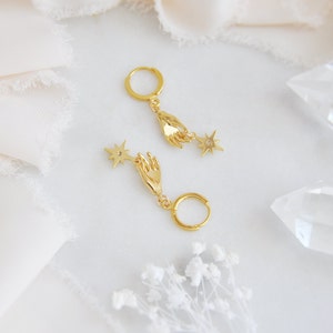 North Star Earrings, Gold Hand Earrings, Celestial Earrings, Hoop Earrings, Huggie Earrings, Birthday Gift, Best Friend Gift,Graduation Gift image 3