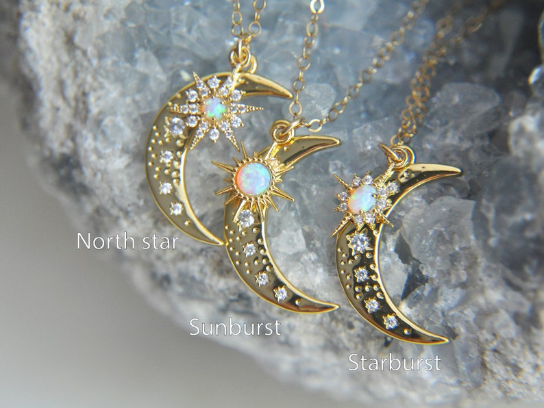 Moon Necklace, Crescent Moon Jewelry, Opal Star Necklace, Opal Moon Necklace, Star Moon Necklace,Celestial Necklace,Girlfriend Gift,For Her image 10