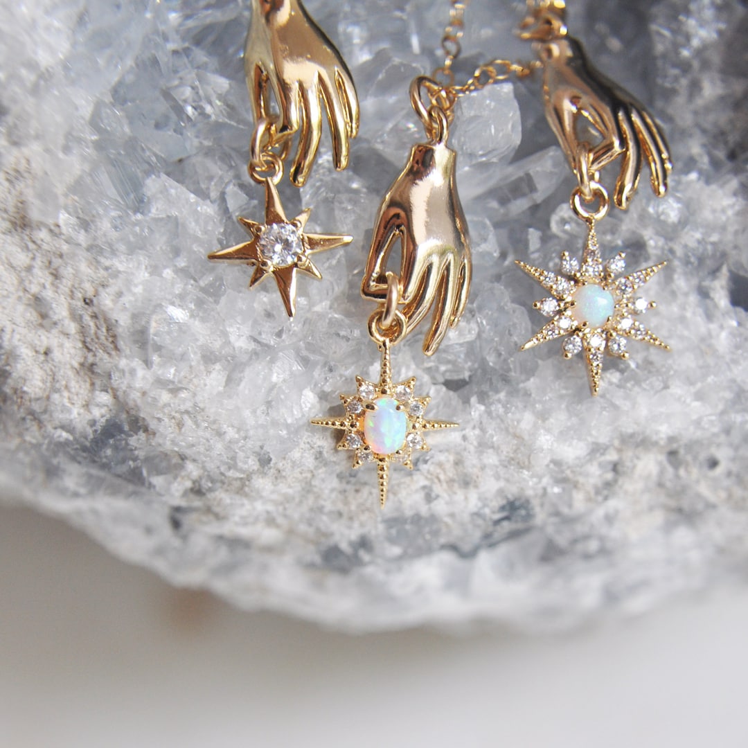 Gold Hand Necklace, Celestial Necklace, Opal Star Necklace, October ...