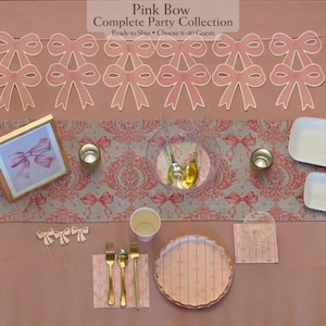 Pink Bow Party Supplies Box, Coquette Decorations, Tableware & Servingware, Serves 8–40