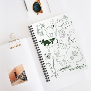May include: A spiral-bound notebook with a white cover featuring green illustrations of Wisconsin state symbols, including a cow, badger, and cheese. The text "WISCONSIN the badger state" is printed at the bottom right. A gold paper clip and sunglasses are also visible.