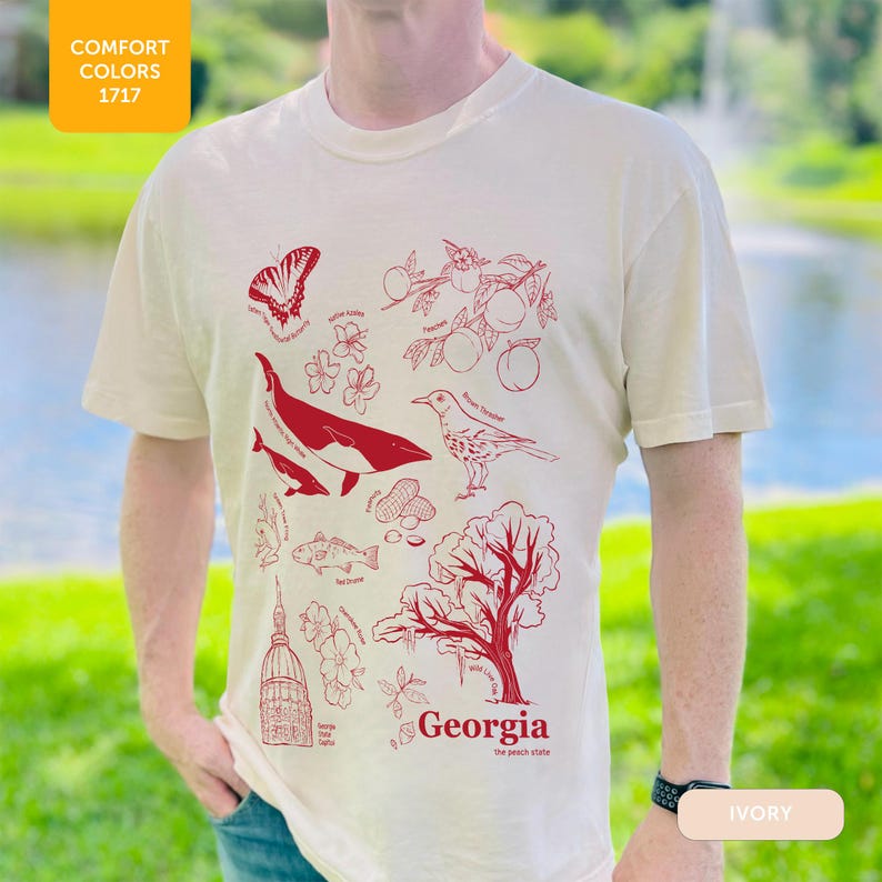 Georgia Original Art Comfort Colors® 1717 T-shirt unisexe teint en pièce, ambiance décontractée du Sud, t-shirt en coton doux, motif pêche de Géorgie image 3