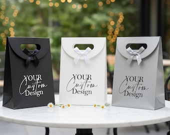 Custom Kraft Paper Bags with Ribbon Bow, Bulk Business Logo Gift Bags, Personalized Goodie Bags for Wedding, Birthday, Shower or Event Party