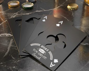 Engraved Ace of Clubs Bottle Opener | Personalized Graduation Gift | Groomsmen Stainless Steel Poker Card | Bachelor Graduation Party Favors