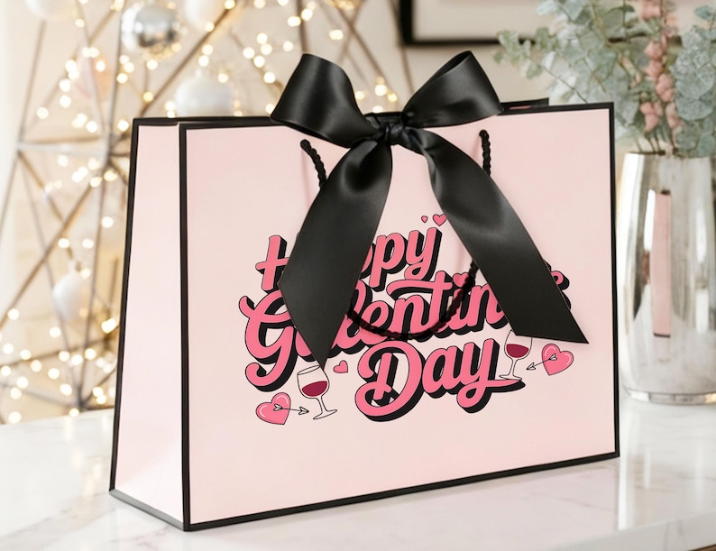 Pu&ograve; includere: Una borsa regalo rosa con finiture nere e un grande fiocco nero. La borsa presenta il testo "Happy Valentine's Day" in uno script rosa e bianco, insieme a grafiche di cuore e calice di vino.