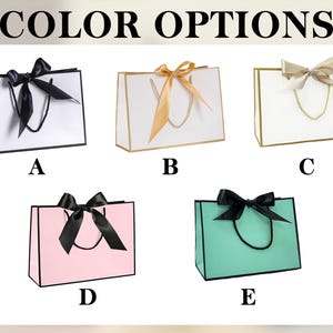 Pu&ograve; includere: L'immagine mostra cinque sacchetti regalo in vari colori: bianco, oro, rosa e verde acqua. Ogni sacchetto presenta un fiocco a contrasto e manici. Il testo "COLOR OPTIONS" &egrave; in alto. I sacchetti sono etichettati dalla A alla E.