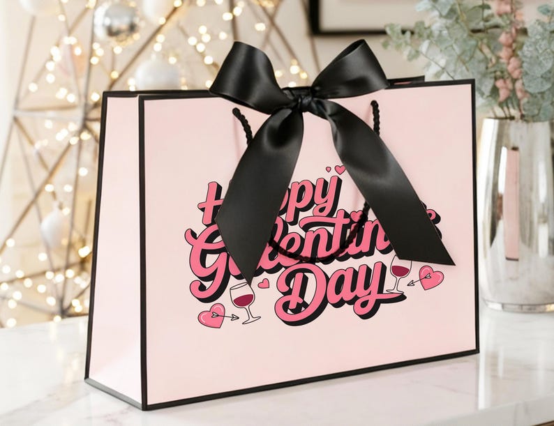Pu&ograve; includere: Una borsa regalo rosa con bordi neri e un grande fiocco nero. La borsa presenta la scritta "Happy Valentine's Day" in rosa e bianco, insieme a illustrazioni di cuori e calici di vino. La borsa &egrave; appoggiata su una superficie bianca.