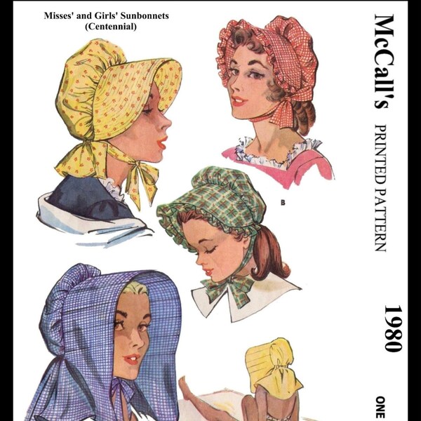 Pattern McCall's 1980 Vintage Simple HATS Bonnets Bonnet Caps Chapeau Fabric Material Sewing Sew Chemo 1950's Millinery Reproduction / Copy