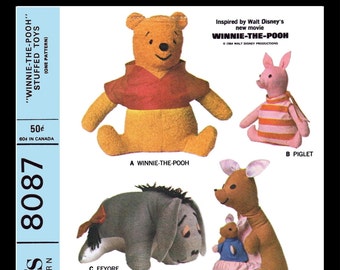 McCall's # 8087 DISNEY ~Winnie the Pooh~ Stuffed Animal Pattern Toy Piglet Tigger Eeyore Kanga Roo Vintage 1950's Fabric Sewing Reproduction