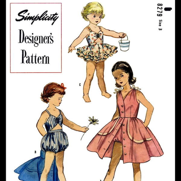 SIMPLICITY 8279 1940's Beach Romper Playsuit Sunsuit Dress Frock Toddler Fabric Material Sewing Pattern Child Girls REPRODUCTION sz ~ 3 ~