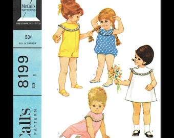 McCall's 8199 Dress Frock Sunsuit Sun Suit Romper Coveralls Girls Playsuit Play Suit Fabric Sewing Pattern *REPRODUCTION* Pic 6mth or 1 or 2