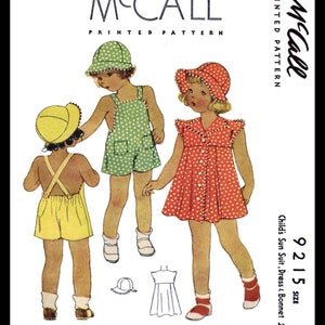 McCall 9215 Dress Frock Sunsuit Sun Suit Fabric Sewing Pattern Bonnet Hat Romper Sweet Girls Playsuit Play Suit *REPRODUCTION* 1 or 2 or 3