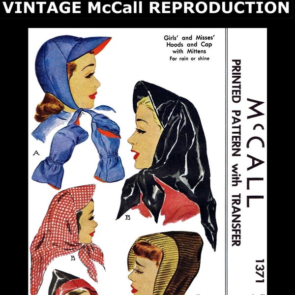 McCALL #1371 Scarf Rain Hat Cap Hood & Mittens Fabric Material Sewing Pattern Stunning Millinery Vintage 1950's Sew Reproduction / Copy ~22"
