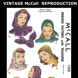 McCALL # 1358 Hoods Caps & Mittens Hats Fabric Sewing Pattern Vintage 1940's Millinery Fascinators Chemo Cancer Reproduction One Size