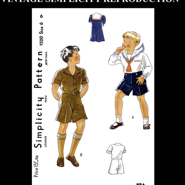 Simplicity # 1500 BOYS Boy NAVY Sailor 2pc Shorts Suit Toddler 1940's Kids Child Nautical Fabric Sewing Pattern Reproduction / Copy Size ~6~