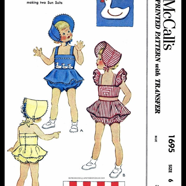 Size ~6~ McCall's # 1695 Unique Beach Sunsuit Playsuit Romper Sundress & Bonnet Hat Fabric Sewing Pattern Child's Girl Reproduction / Copy