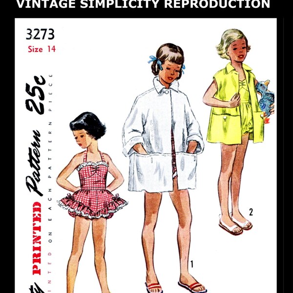 SIMPLICITY 3273 PLAYSUIT Ruffled Romper Sewing Pattern 1950's Kids Child Girl's Beach Sunsuit Play Suit Playsuit Jacket *REPRODUCTION* 10-14