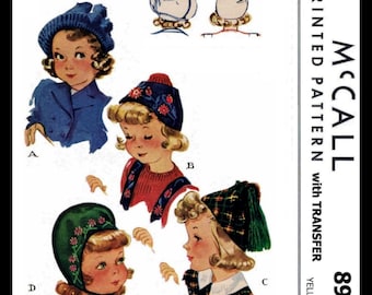 Fabric Material Sewing Pattern McCall #896 1940's CUTE Millinery 4 Adorable Child Girls HATS Chemo Cancer Alopecia Reproduction / Copy 20.5"