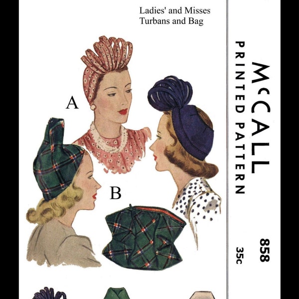 McCALL 858 Hats & Bag Fabric Material Sewing Pattern Stunning HOT Millinery Vintage 1940's Fascinators Chemo Cancer Reproduction / Copy 23"