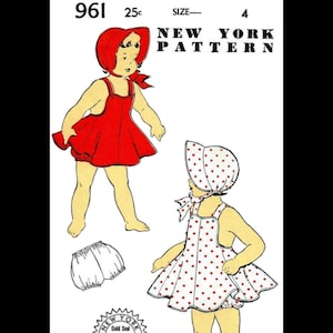 Sunsuit Sun Suit Playsuit Play Suit BABY BONNET Fabric Sewing Pattern New York Pattern # 961 Kids Child Girls Cap Hat Size 4 *REPRODUCTION*