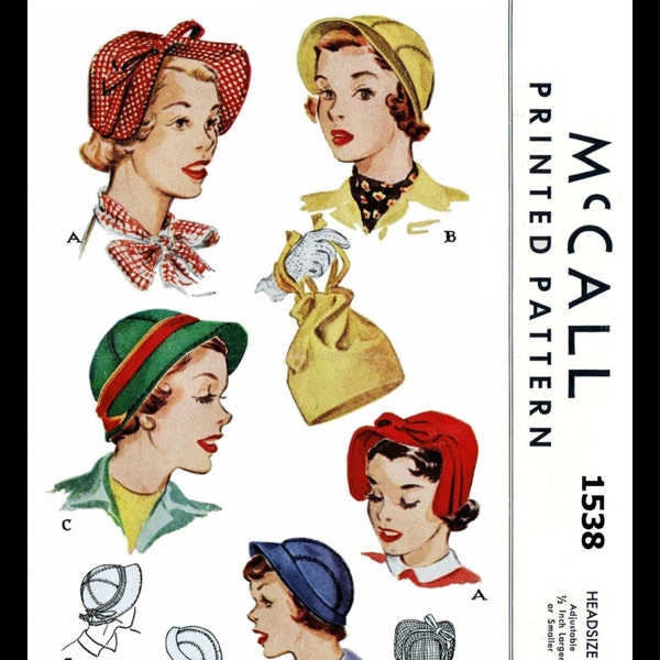 McCALL # 1538 Stunning HOT Millinery Vint 50s Fascinators Hats & Bag Fabric Material Sew Pattern Chemo Cancer Reproduction / Copy 22"