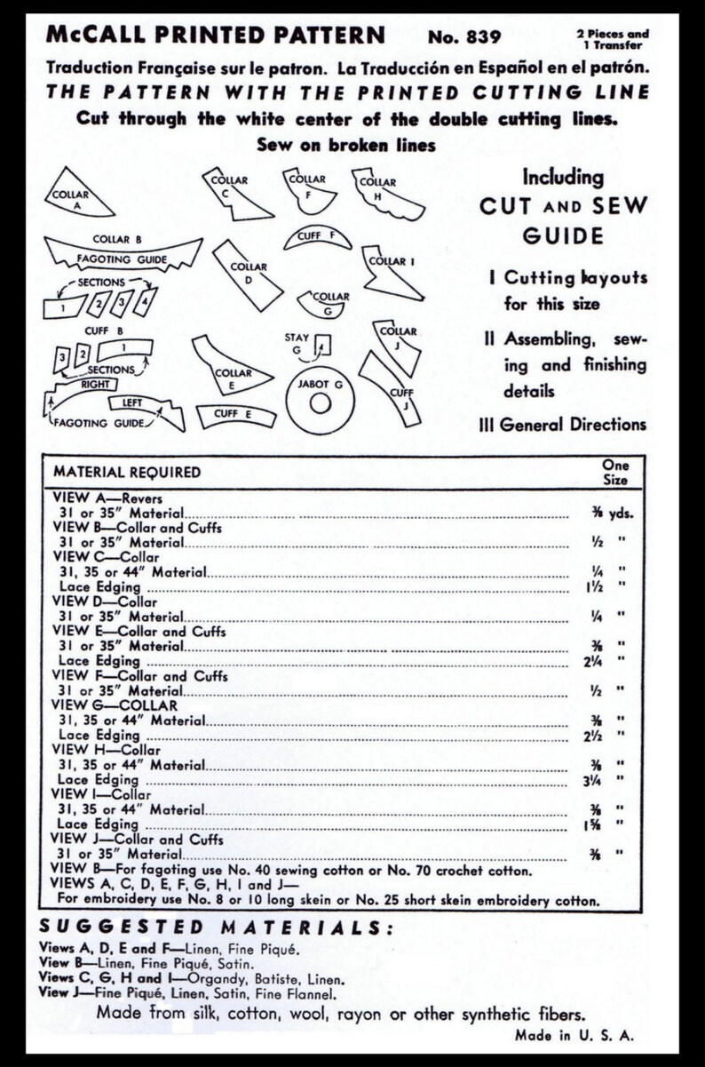 10 Collar Jabot and Cuffs Fabric Sewing Patterns Vintage Etsy