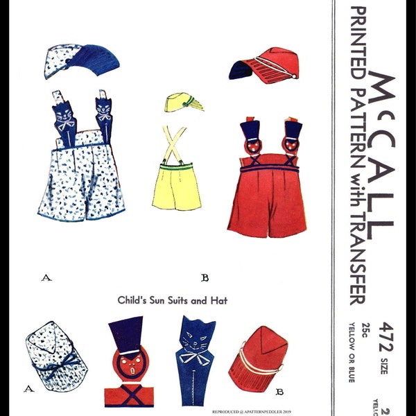 McCall # 472 BOY'S Boy SunSuit Playsuit & HAT Toddler 1940's Stylish Retro Kids Child Fabric Sewing Pattern Reproduction / Copy Size ~2 ~