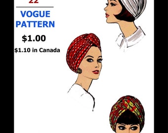 TURBAN HAT Fabric Material Sewing Pattern # 7519 Vintage VOGUE Designer Halston Sexy Hot Simple Chemo 1960's Millinery Reproduction / Copy