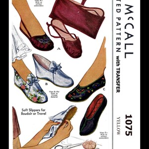 McCALL 1075 Stunning HOT Vint 40s SLIPPERS Shoes & Travel Case Fabric Material Sewing Pattern Reproduction / Copy / Medium or Large