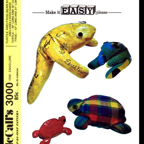 McCall's 3000 Pattern Turtle Frog Bean Bags Stuffed Animal Toy Vintage 1970s Reproduction