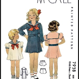 McCall 7938 Sewing Material Fabric Pattern 1930's GIRL's Sailor Nautical DRESS FROCK & Shorts Child Girls Size 4 Vintage Reproduction / Copy