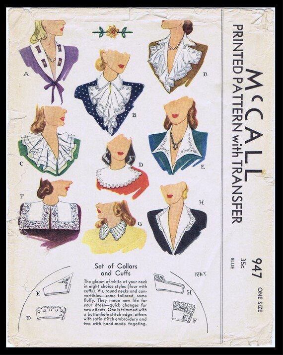 Vintage 1950/'s Sewing Pattern Set of Collars Hat Dickey Beret 1-size Rockabilly