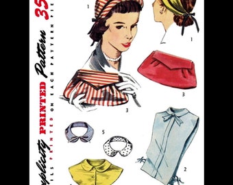 Simplicité # 4195 Dickey Collars Hat Dickie Bag Pattern Années 1940 pour femme, taille moyenne