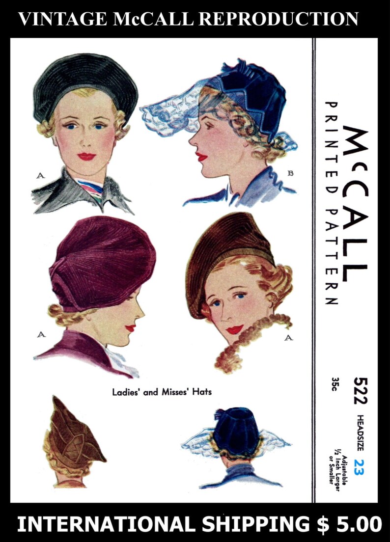 McCALL 522 Stunning HOT Millinery Vintage 1930s Rare Hats Fabric Material Sewing Sew Pattern Chemo Cancer Reproduction / Copy 23 image 1
