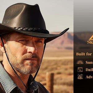 May include: A black leather cowboy hat with a braided hatband and chin strap. The hat is worn by a person in a denim shirt and brown vest. The image includes the text "StellMan" and "Built for the Outdoors."