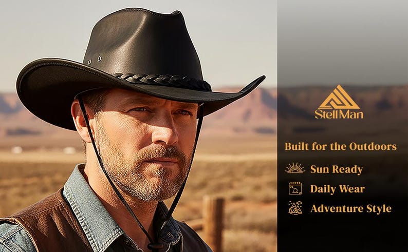 May include: A black leather cowboy hat with a braided hatband and chin strap. The hat is worn by a person in a denim shirt and brown vest. The image includes the text "StellMan" and "Built for the Outdoors."
