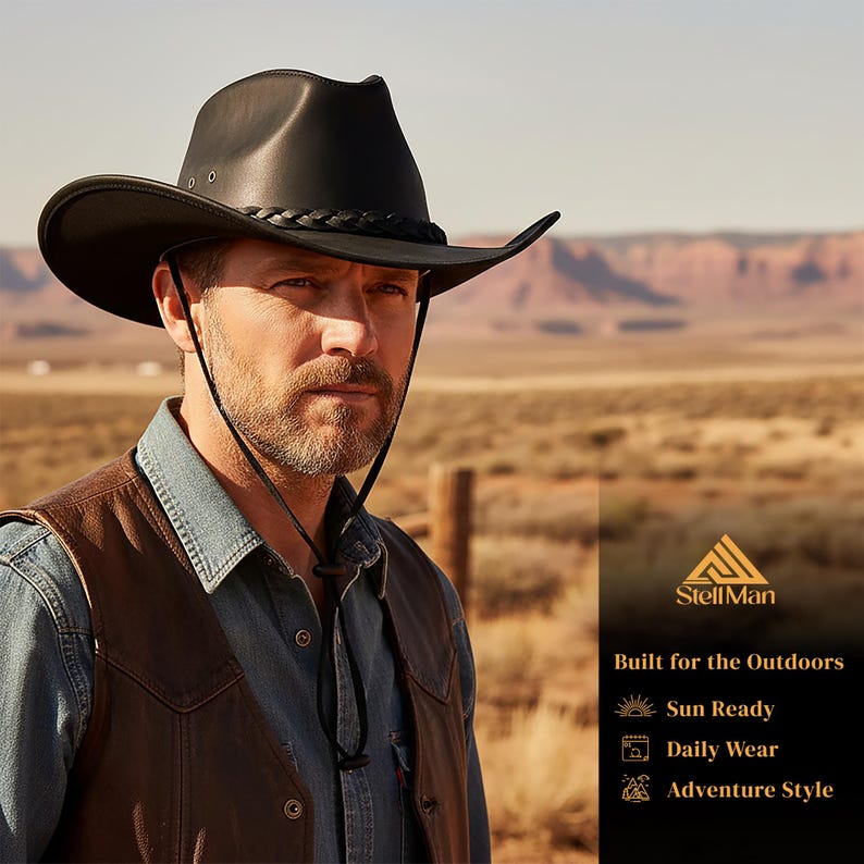 May include: A black leather cowboy hat with a braided hatband and chin strap. The hat has a wide brim and is designed for outdoor wear. The hat is part of the StellMan collection.