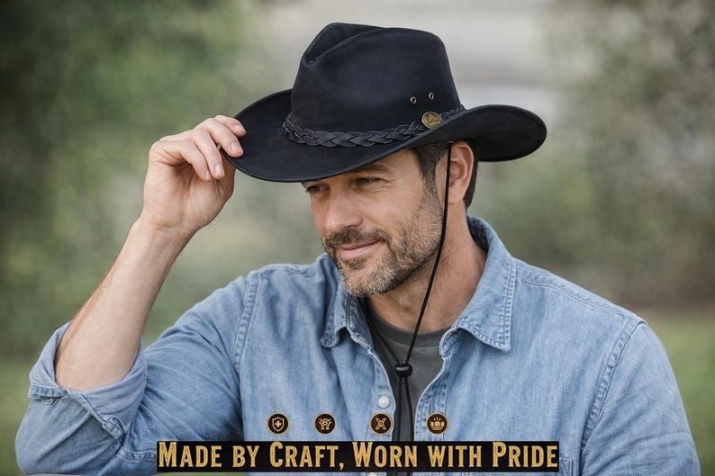 May include: A black cowboy hat with a braided band and a chin strap. The hat has a wide brim and is worn by a person wearing a denim shirt. The text "MADE BY CRAFT, WORN WITH PRIDE" is at the bottom of the image.