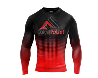 Men's Long Sleeve Compression Shirt: Black-to-Red Gradient, Gym Workout Top
