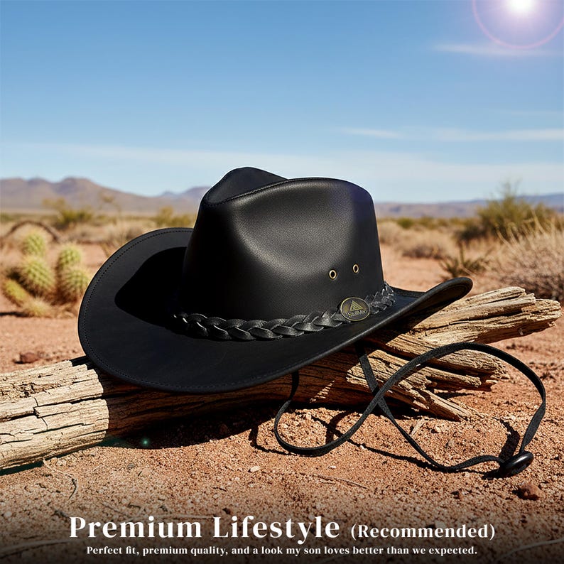 May include: Black leather cowboy hat with a braided band and a chin strap. The hat has a wide brim and a decorative metal emblem. The text "Premium Lifestyle (Recommended)" is at the bottom of the image.