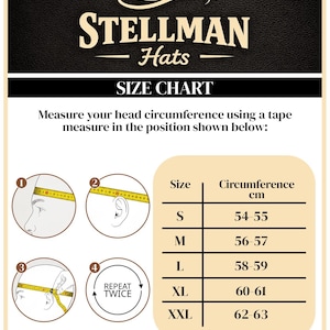 May include: A size chart for Stellman Hats, featuring a black background with the brand logo and the text "SIZE CHART". The chart shows how to measure head circumference in centimeters, with sizes ranging from S (54-55 cm) to XXL (62-63 cm).